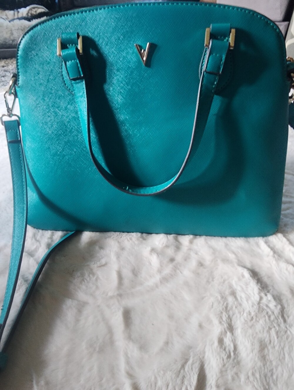 Vanessa Williams Teal Dome Satchel Handbag with Gold Accent